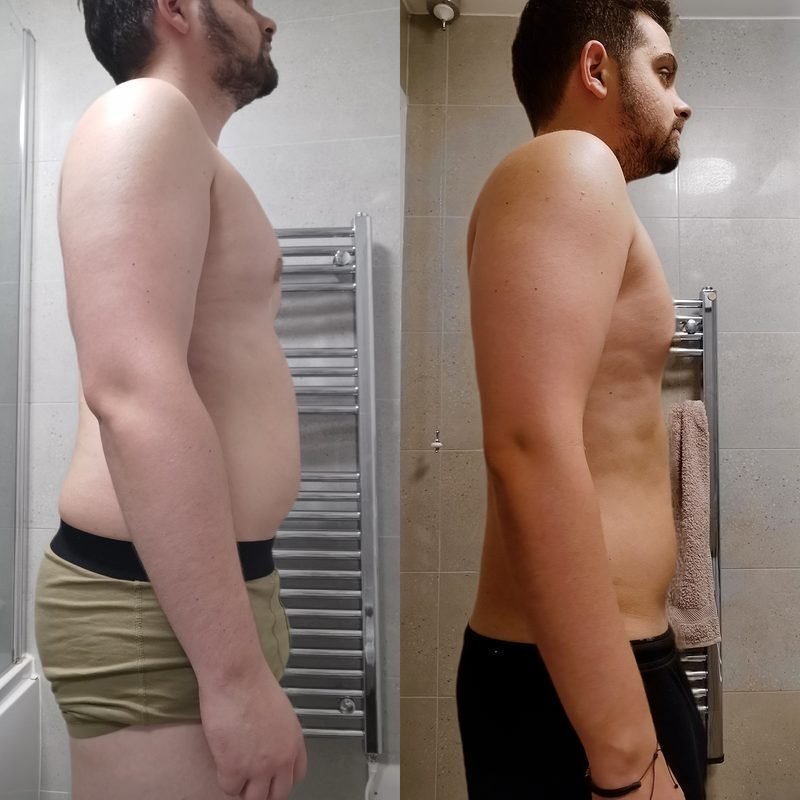 Antes y después de perfil de Marcos, alumno de FSC+30, tras eliminar la barriga