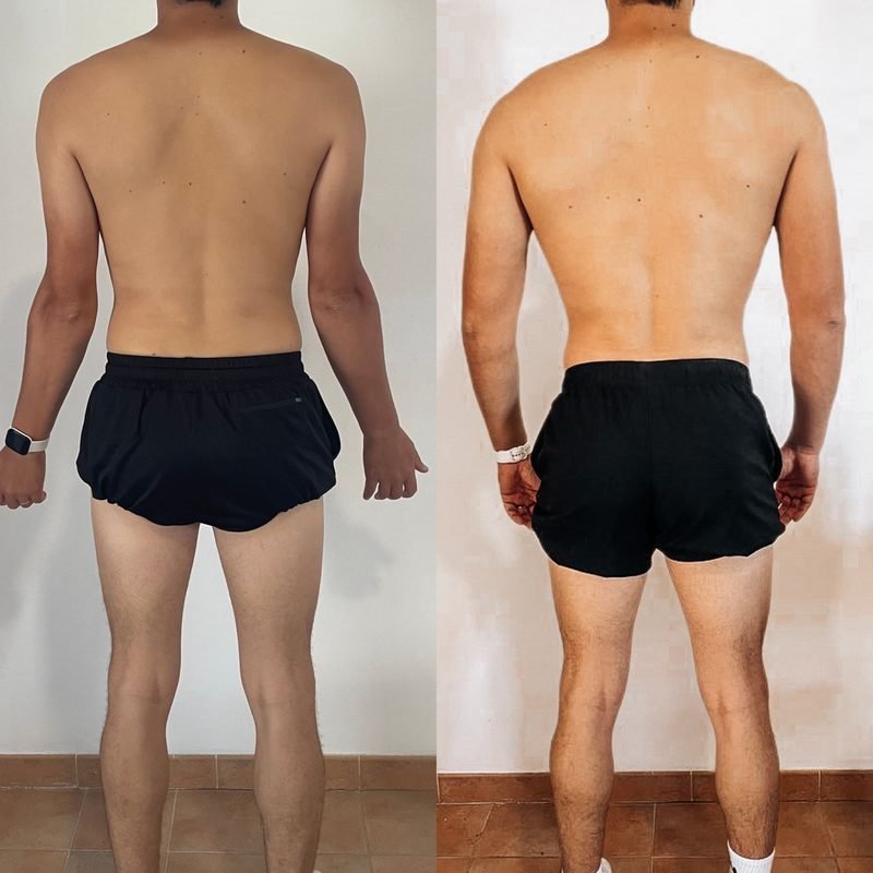 Antes y después de espalda de un alumno de FSC+30 tras ganar masa muscular