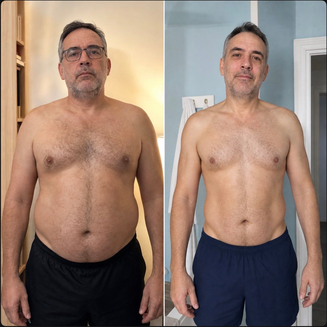 Antes y después de frente de Joaquín, alumno de FSC+30: pierde la barriga y rejuvenece