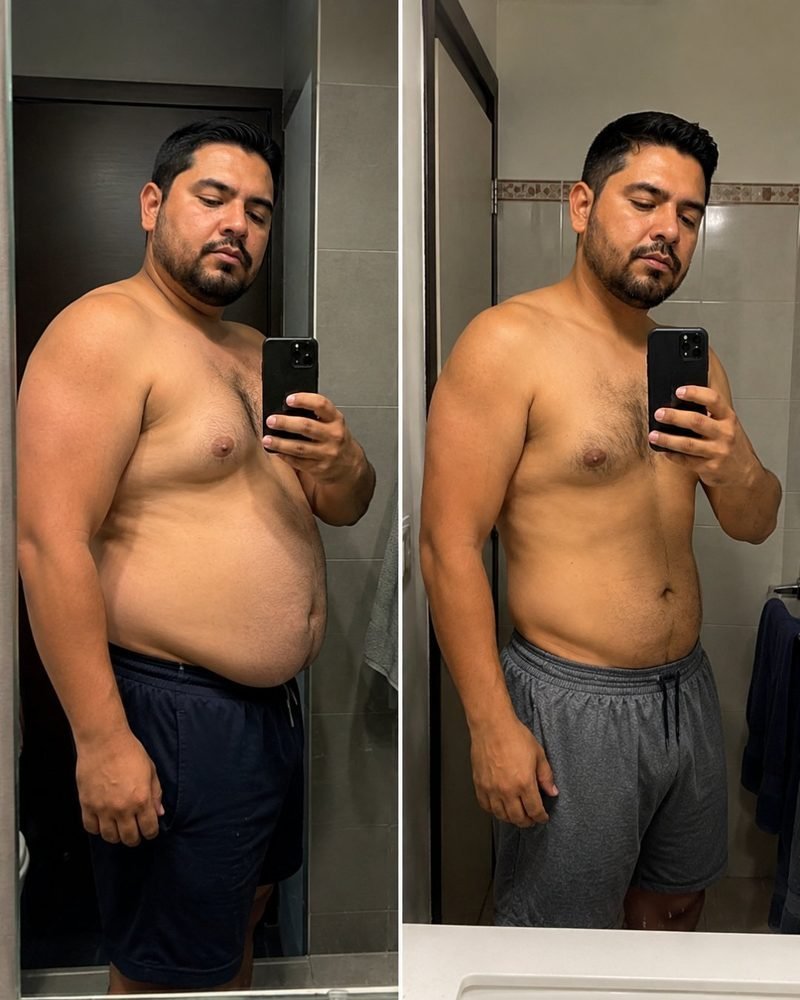 Antes y después frente al espejo de Ricardo, alumno de FSC+30, tras perder grasa